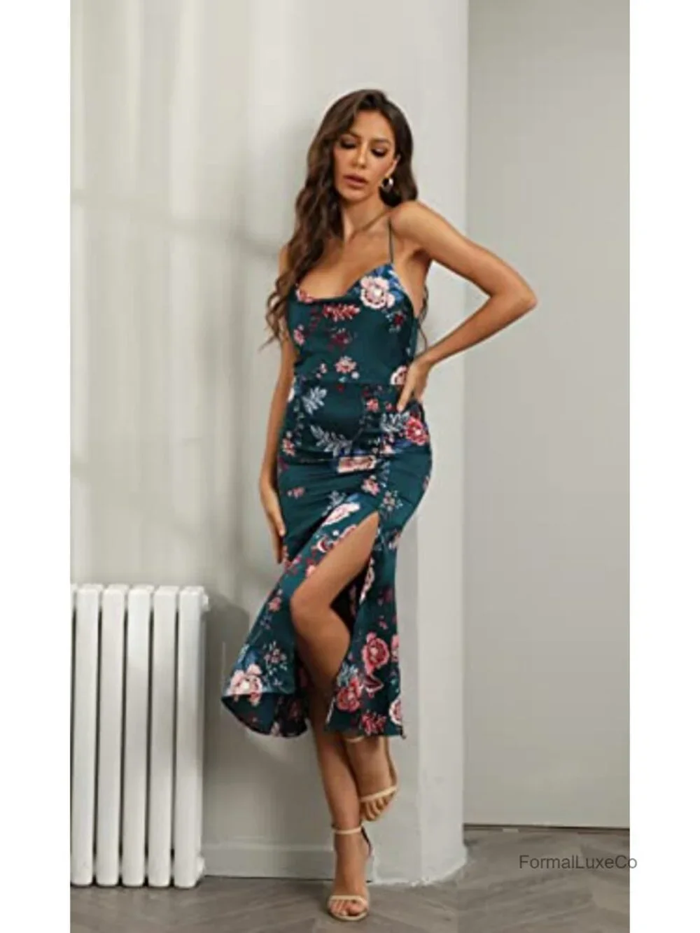 Satin Midi Dress Sleeveless Spaghetti Strap Cowl Neck Backless Formal